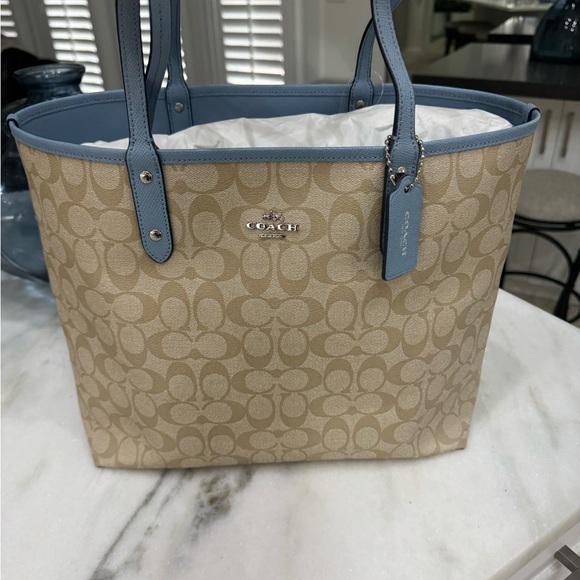 Coach Beige and Light Blue Signature Tote - Picture 1 of 5